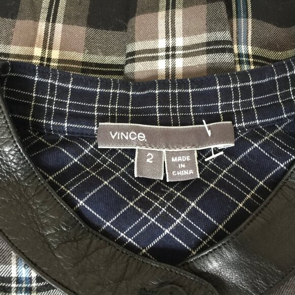 Vince Plaid Leather Trimmed Button Down Shirt Size 2 - NEW - Picture 5 of 8